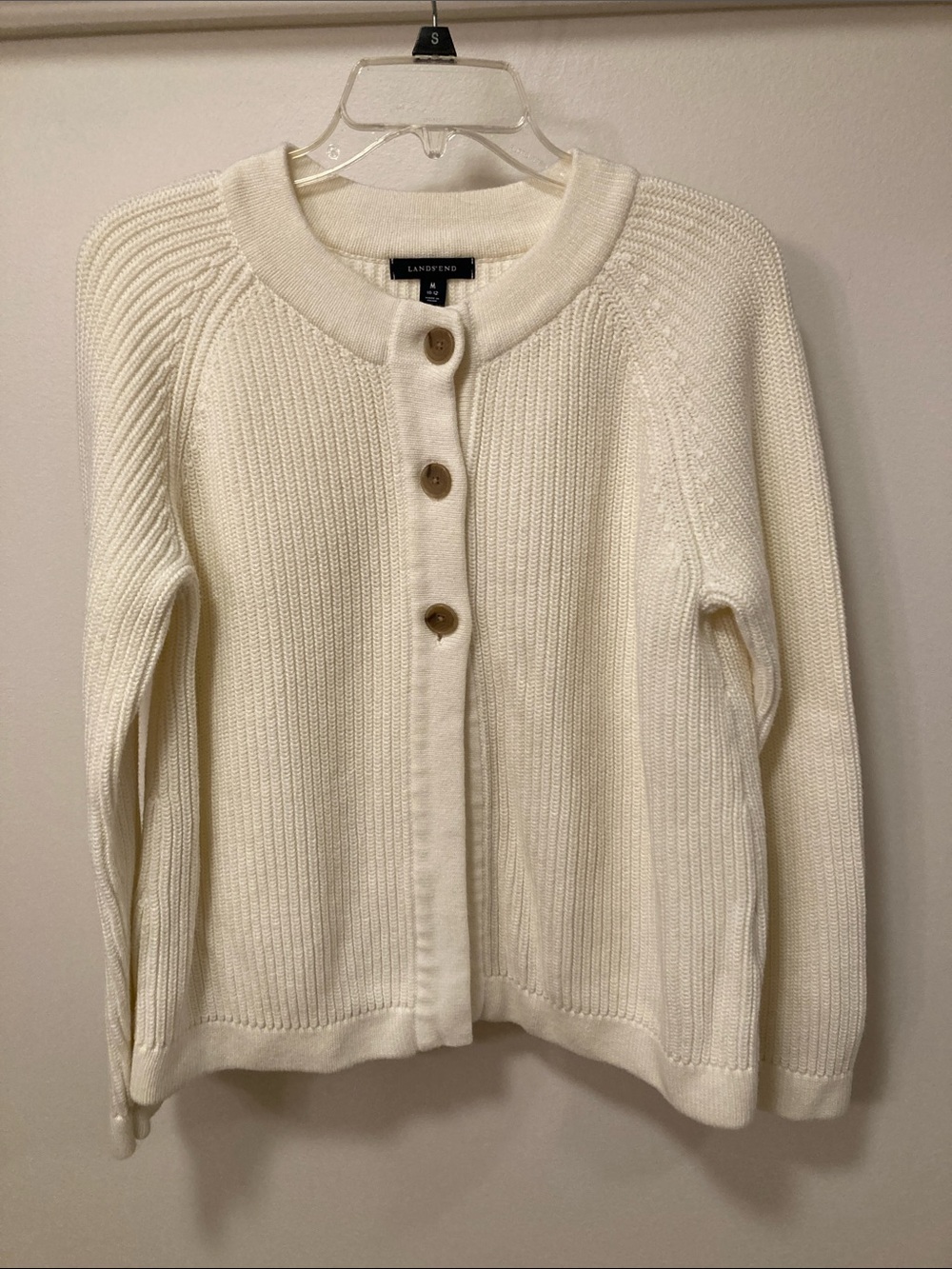 Lands' End Cream Ribbed Button Cardigan